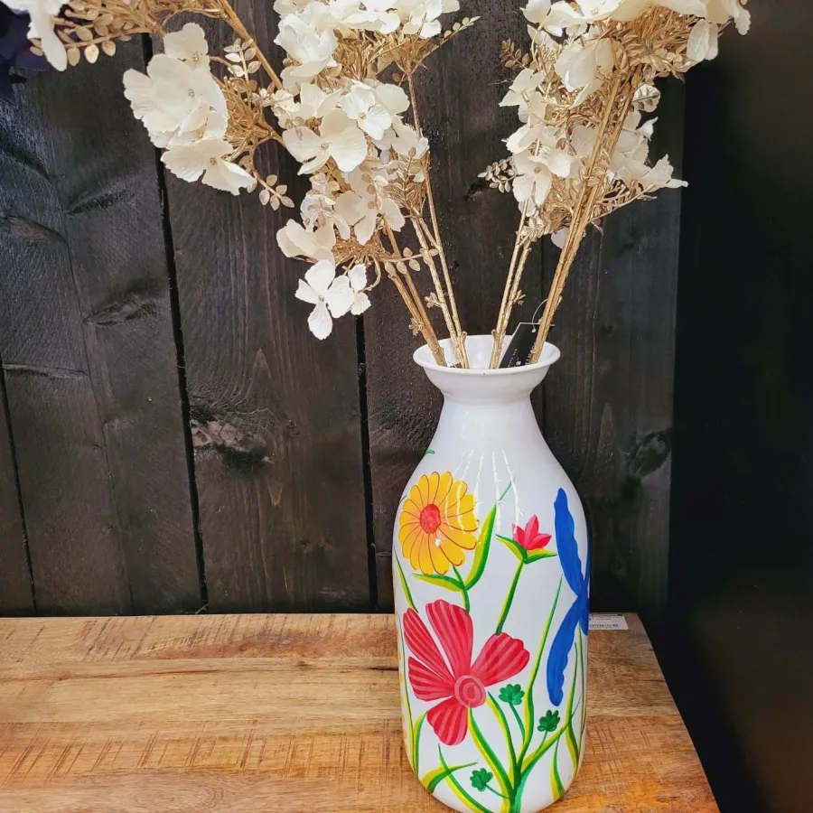 Light en Living Vaas deco Ø15x36 cm EKIMULI wit+bloemen