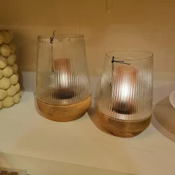 Light en Living Windlicht Ø22x30 Cm MINAS glas Rib helder+hout naturel New