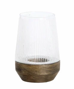 Light en Living Windlicht Ø18X26 Cm MINAS glas Rib helder+hout donkerbruin Discount