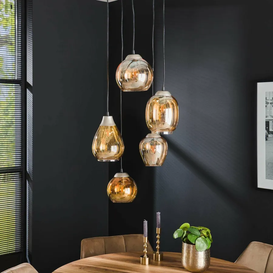WoonStijl Hanglamp 5L getrapt mix amberkleurig glas Clearance