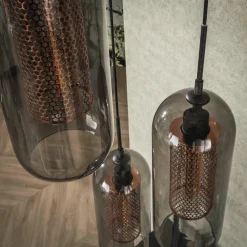 WoonStijl Hanglamp 3L getrapt smoke glas-geperforeerd staal Outlet