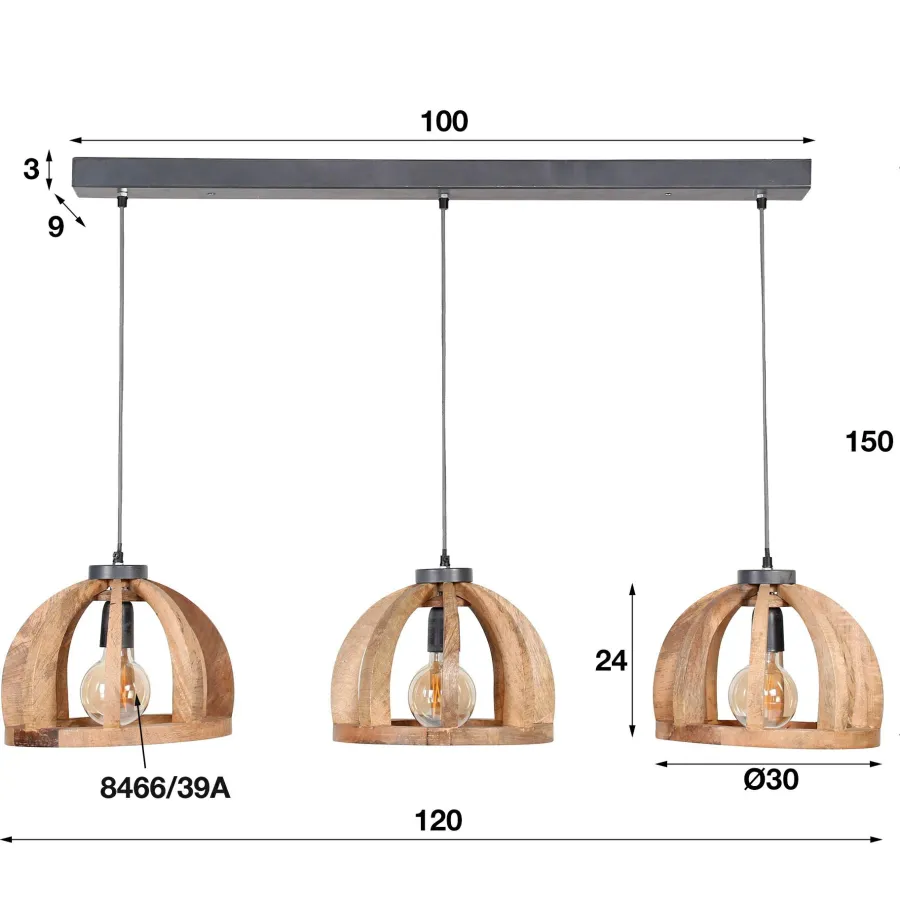 WoonStijl Hanglamp 3x Ø30 gebogen houten spijlen Clearance