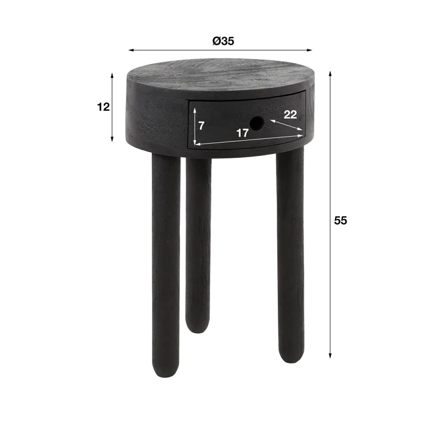WoonStijl Nachtkastje Round zwart acacia met 1 lade Clearance
