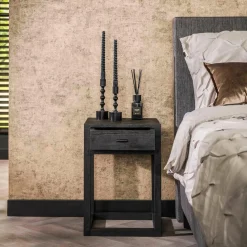 WoonStijl Nachtkastje Square zwart acacia met 1 lade Clearance
