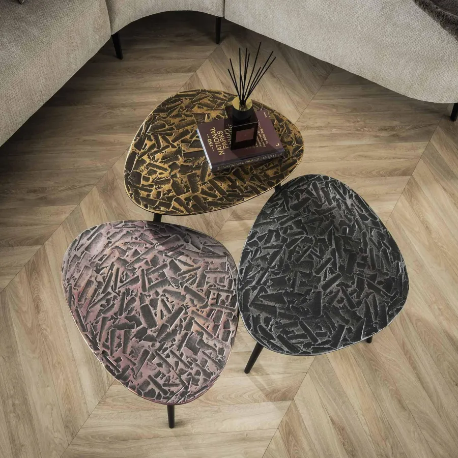 WoonStijl Salontafel set van 3 driehoekig patina metaal - koper, brons, zilver Online