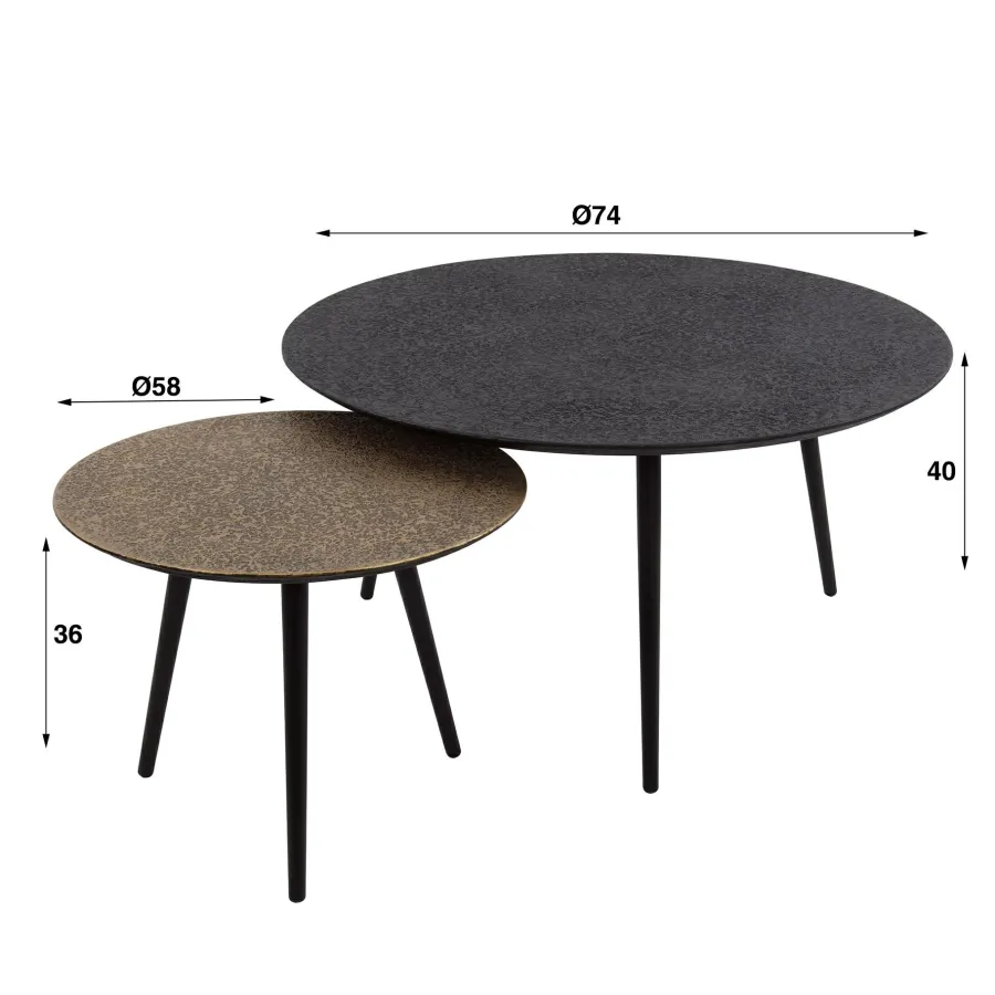 WoonStijl Salontafel set van 2 rond metallic zwart en antiek brass