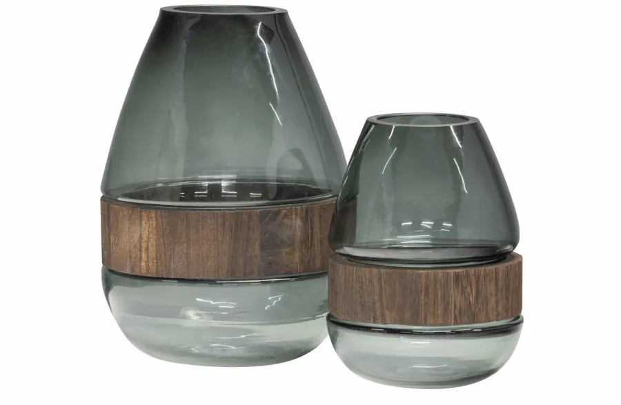 Woood Dave Vaas Glas/hout Blauw/groen 26x19cm Outlet
